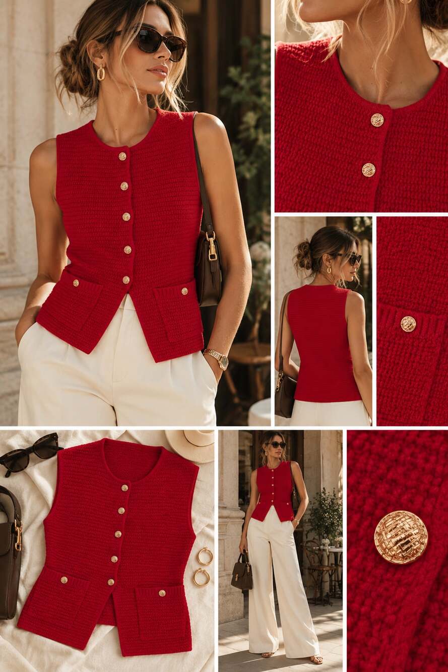 PrettyGarden Women's Red Knit Sleeveless Button Down Vest Tank Top